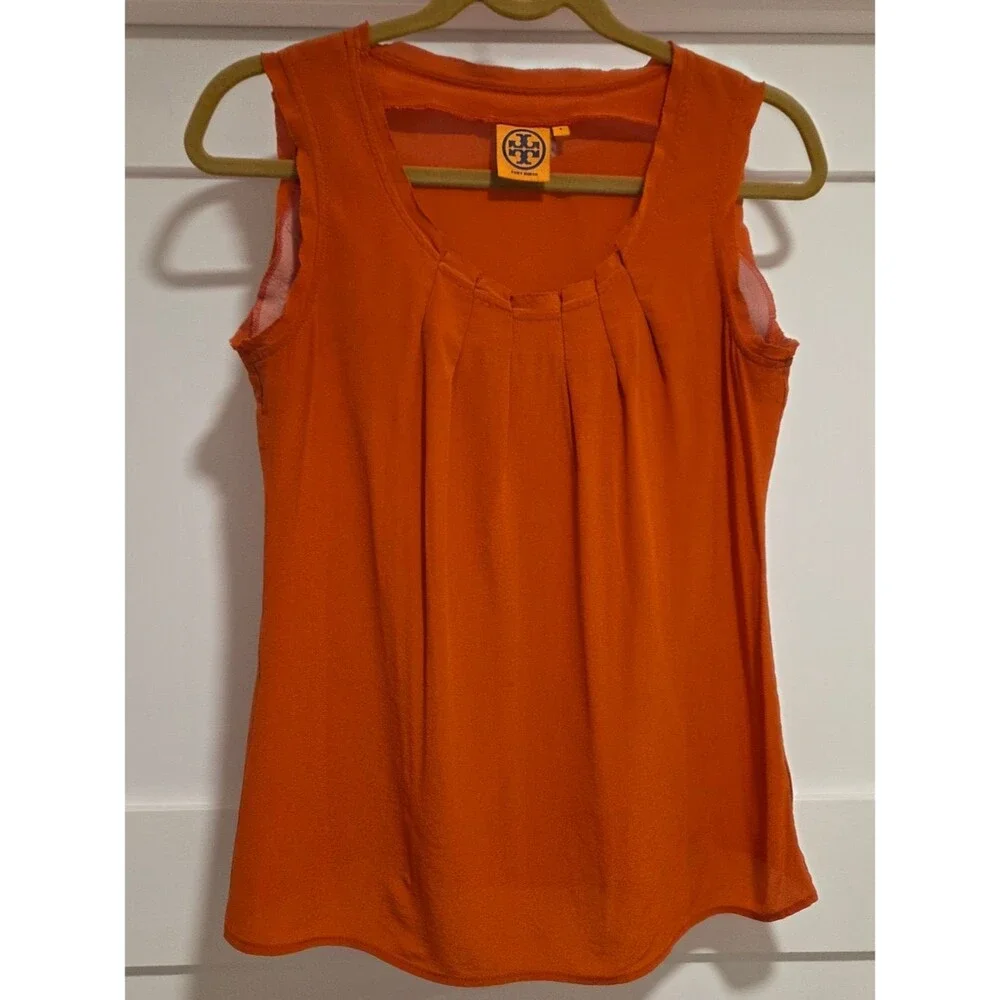 Tory Burch Vikki Shell 100% Silk Pleated Tank Top in Orange Quiet Luxury